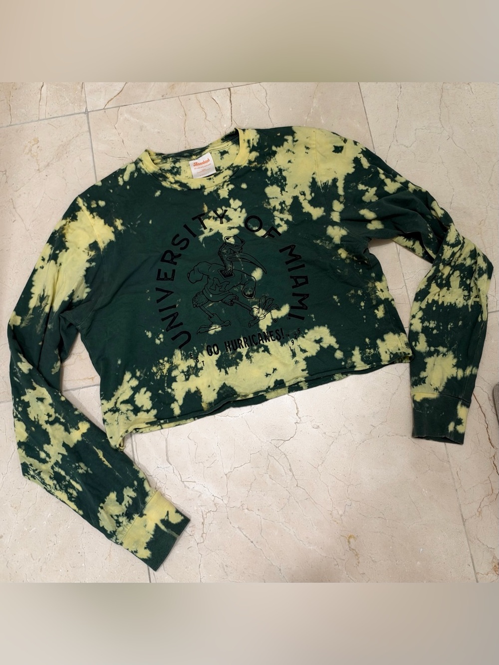 University of Miami tie-dye cotton long sleeve crop top in green & yellow